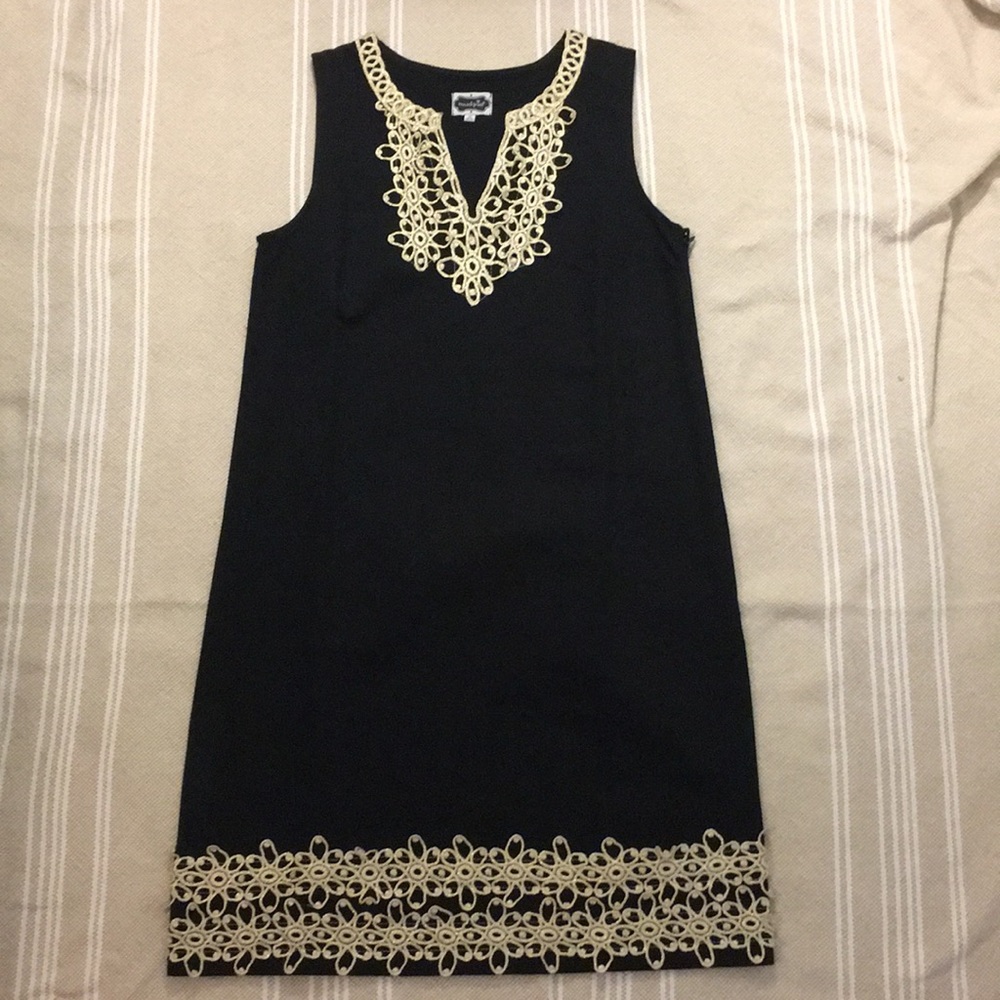 Mud Pie Black Shift Dress with Gold Lace Trim